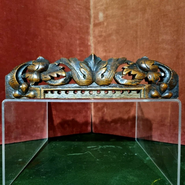 Scroll leaf berry wood carving pediment 11" Antique French architectural salvage