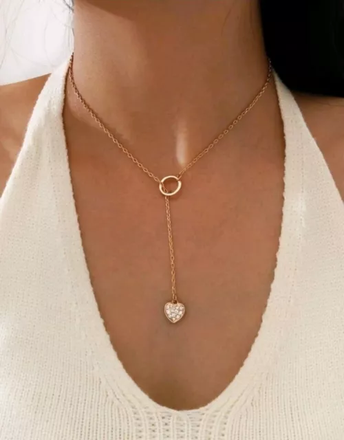 Collana da donna a Y regolabile pendente con ciondolo cuore brillante acciaio