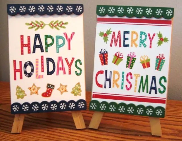 (2) NEW Ashland Christmas Decor - Happy Holidays & Merry Xmas Wooden Easel Signs