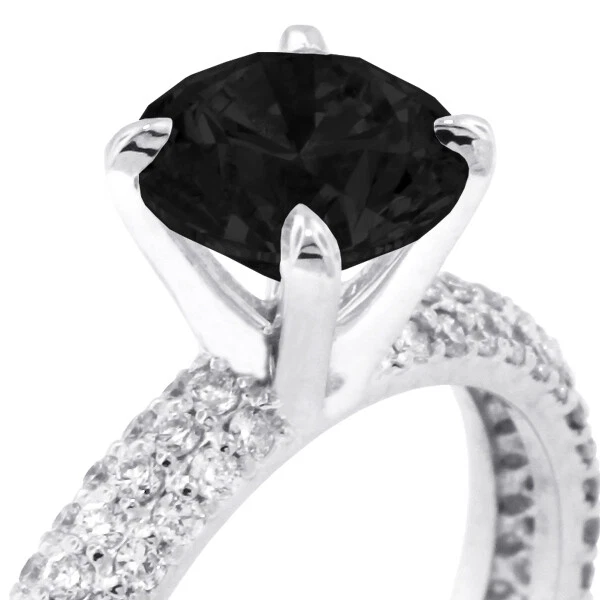 4.96 TCW Black Round Brilliant Natural Certified Diamonds Plat Side-Stone Ring