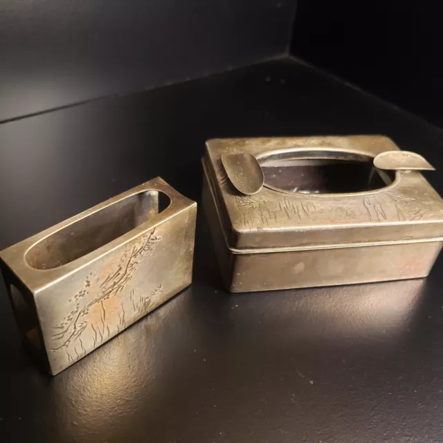 Vintage Sterling Silver Matchbox and Ashtray with Glass/Wood Liner - 196 Grams