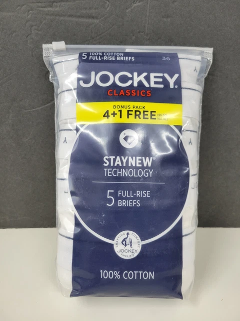 Jockey Classics 5 Pack Full-Rise Briefs 100% Cotton Staynew Technology Sz 36 wh Jockey Classics 5 Pack Full-Rise Briefs 100% Cotton Staynew Technology Sz 36 wh
