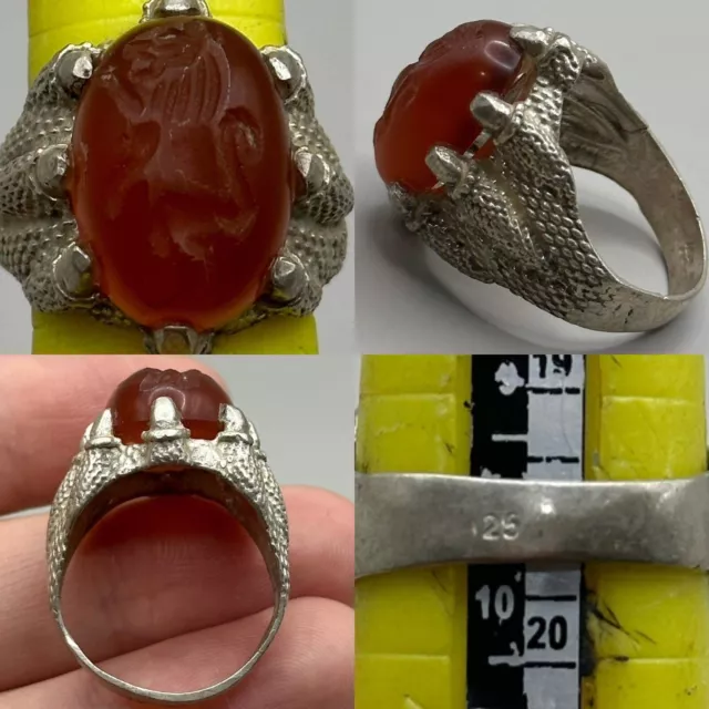 Unique Antique Near Eastern Agate Stone Intaglio Roman Solid Silver Ring
