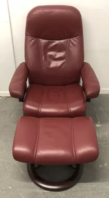 EKORNES STRESSLESS Recliner Chair & Footstool, Small Consul, Burgundy Leather