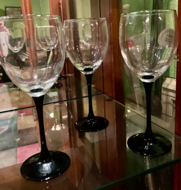 Luminarc France Weißweingläser, 3 Gläser, Vintage, schwarzer Stiel, neuwertig