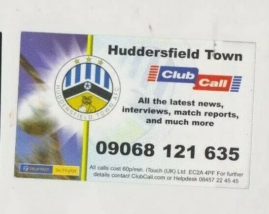 Huddersfield Town 2004-2005 Club Call Card With Fixture List Excellent Condition