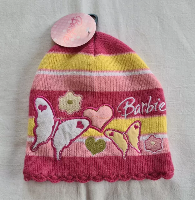 Barbie Girls Pink Hearts Butterfly Embroidered Acrylic Beanie Size 1-3 New