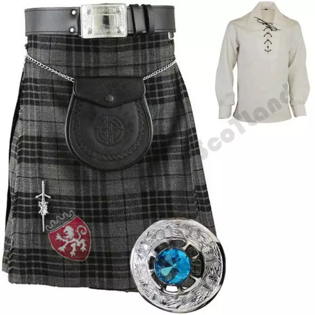 Grey Watch Kilt Outfit Highland Set 8 Pcs Pin Brooch Leather Black Belt Flashes