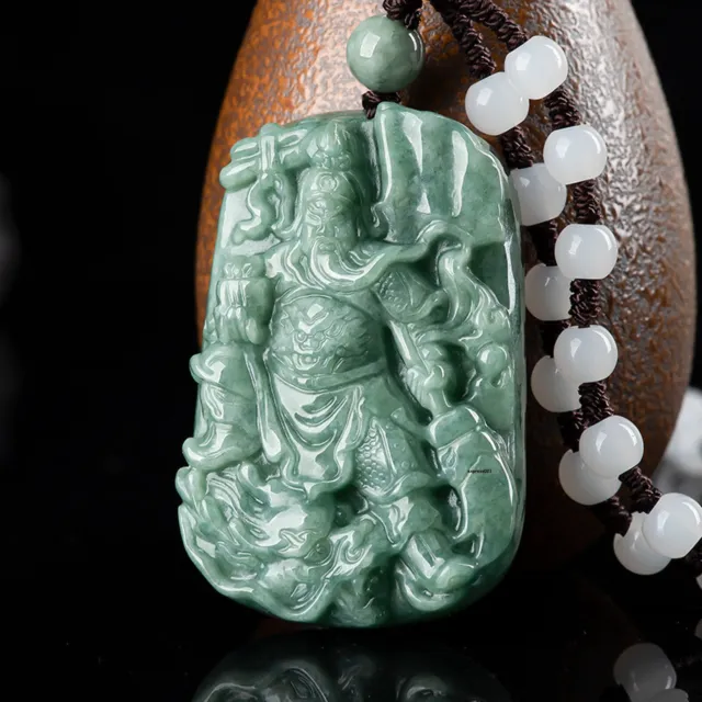 Natural Grade A Jade Jadeite Men Women Carved Dragon Head Guan Yu Oval Pendant
