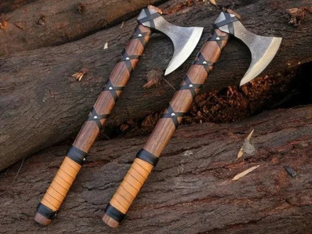 005:Custom Hand Forged Steel Viking 2Axe With Leather Work On Rose Wood Handl