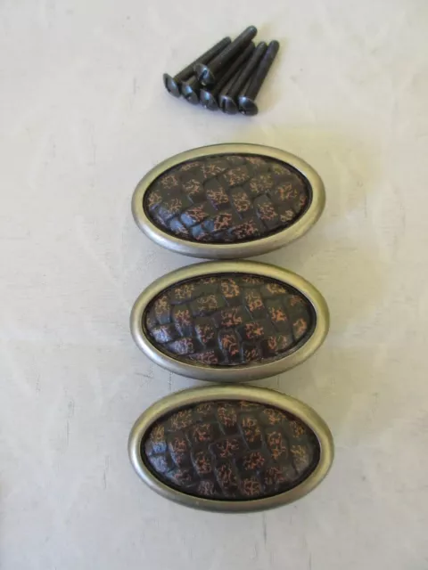 3 Vintage Oval Metal & Leather Cabinet Drawer Chest Knobs Handles Pulls 2 ¼”