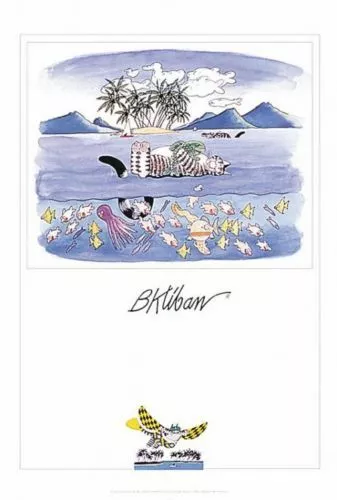 Vintage B. Kliban Cat Poster 24”x 36” Vacation 1990 Tropical Island Pomegranate