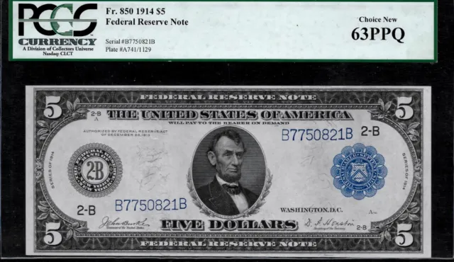 1914 Federal Reserve Note New York $5 Burke/Houston Fr# 850 PCGS Choice 63 PPQ