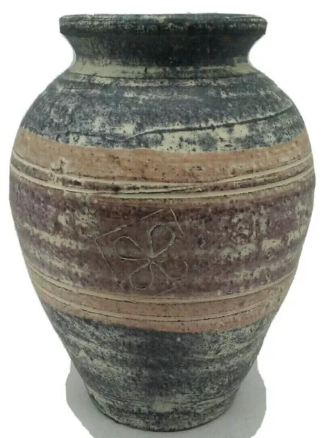 MCM Pottery Vase Urn 4 Leaf Clover Stamp Studio Art 8.5" Tall Shamrock Swirls