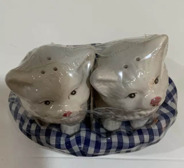 Vtg Dolgencorp Porcelain Gray White Cat In Basket Salt  & Pepper Shakers NOS New 2