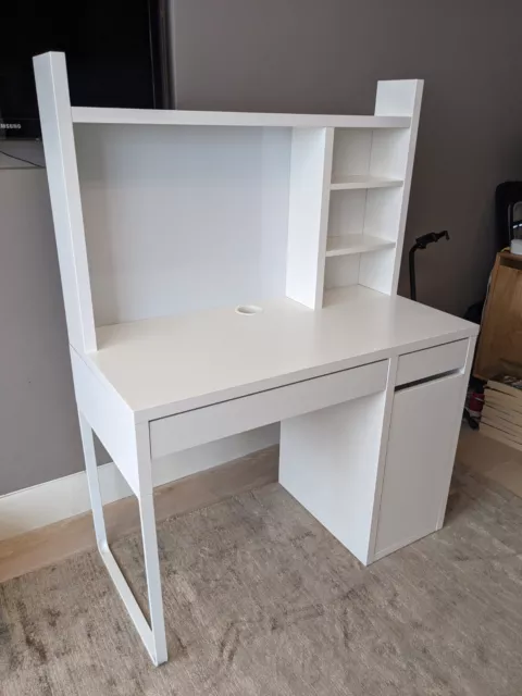 Ikea White Micke Desk including Cupboard with Shelves and Desk Top with Shelves