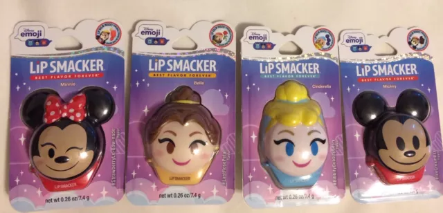 Disney Emoji 2-Sided LIP SMACKER LOT of 4 Mickey, Minnie, Belle, Cinderella Balm