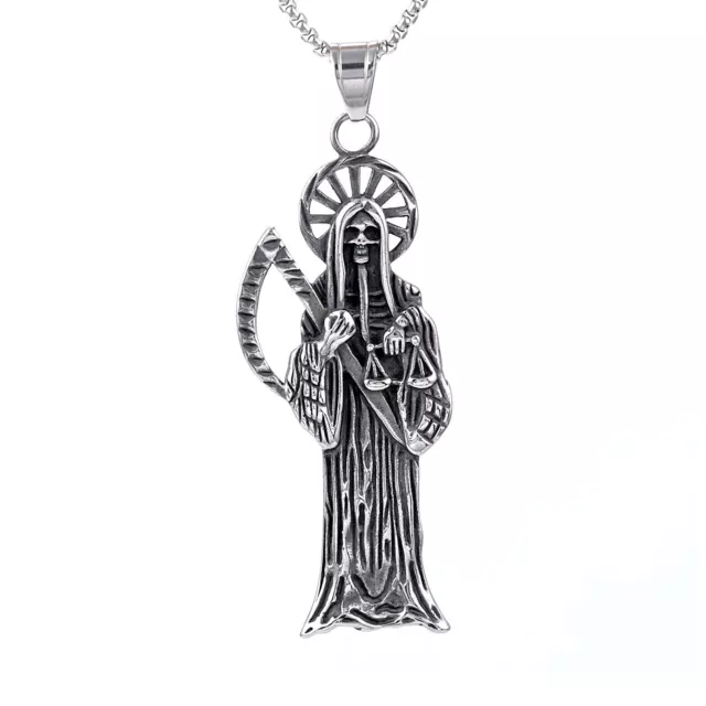 Stainless Steel Holy Saint Death Santa Muerte Grim Reaper Pendant Necklace