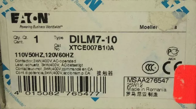 DILM7 10 EATON Klockner Moeller XStart 24 VDC CONTACTOR XTCE007B10A DILM7-10