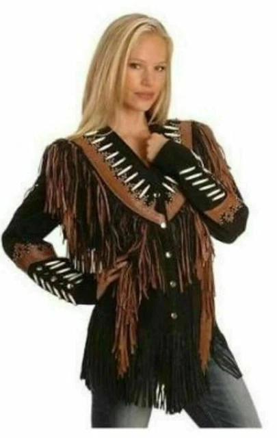 Women's Western Wear Cowgirl Suede Leather Fringe Jacket Bones Cognac Trim FC-92