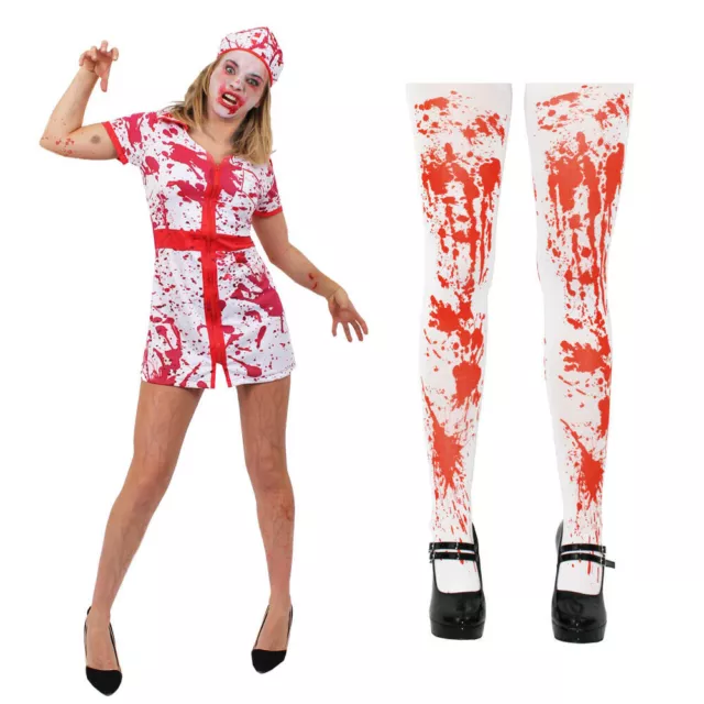 Señoras Bloody Enfermera Disfraz Con Medias Sangrientas Hospital Halloween Vestido Elegante