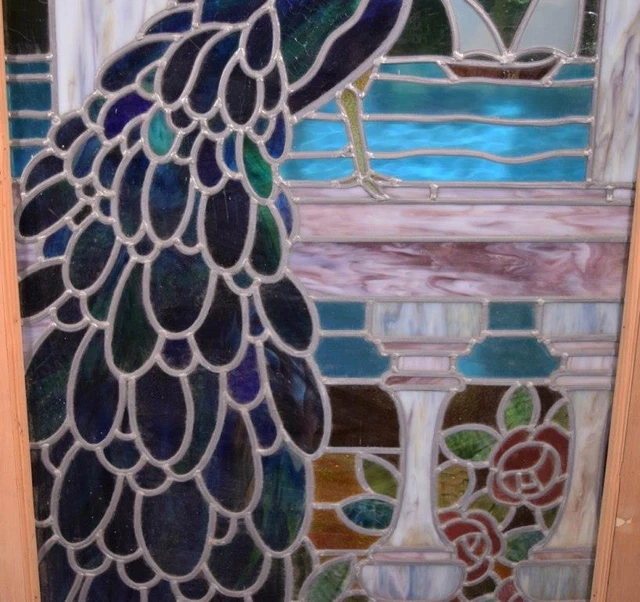 *Beautiful Pair of Pine Antique French Stained/Leaded Glass Doors with Peacock 9
