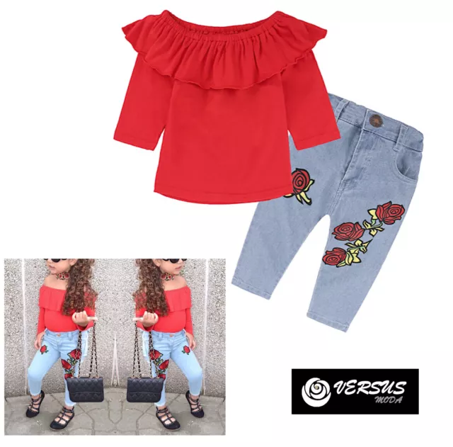 Set Bambina Maglia Top Spalle Scoperte Jeans Girl t-shirt and Pants Set SETCH19