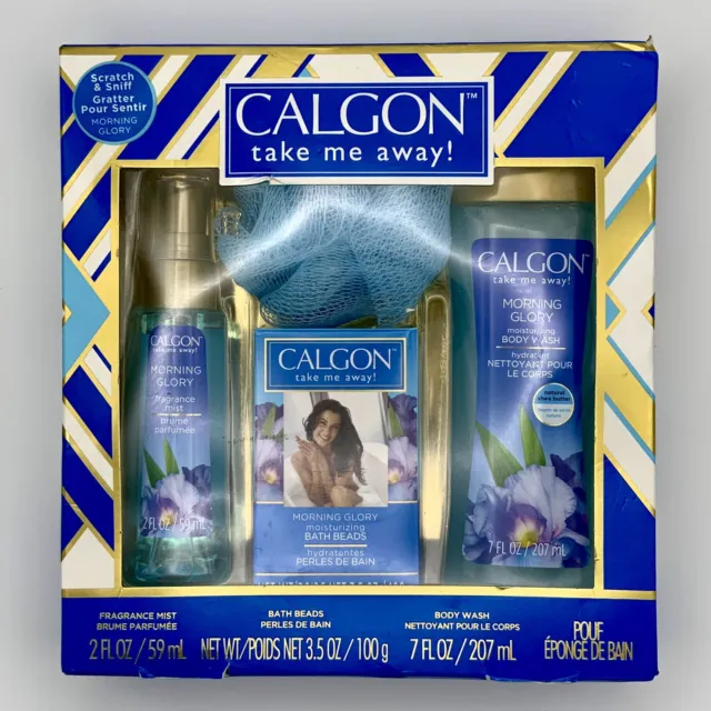 Calgon Take Me Away Morning Glory Gift Set Body Wash Mist Bath Beads Sponge Pouf