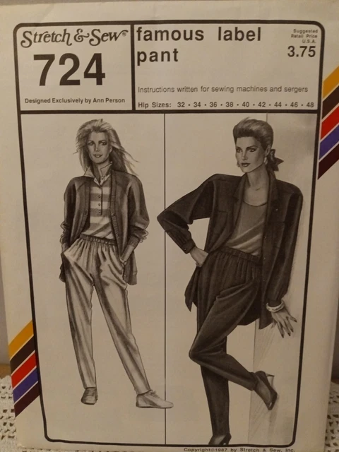 Stretch and Sew 724 Famous Label Pant 32-48 Ann Person Vintage Pattern 1987