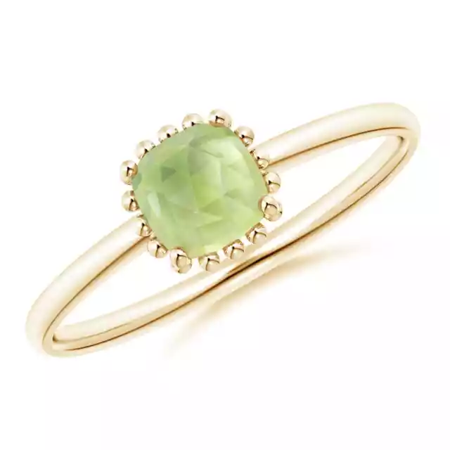 ANGARA Classic Cushion Peridot Ring with Beaded Halo for Women in 14K Solid Gold