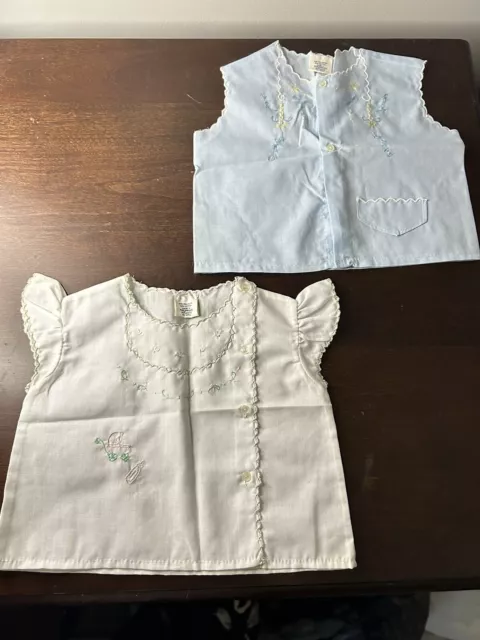 Set of 2 Vintage 3-6 month white blue short sleeve baby shirt embroidered tops