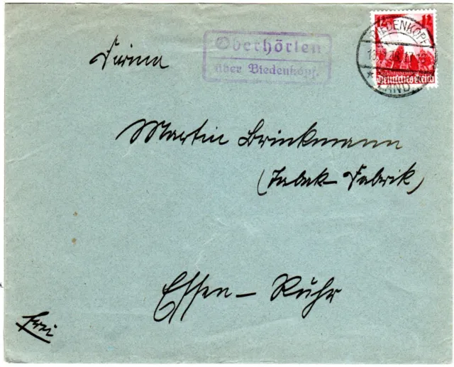 DR 1936, Landpost Stpl. OBERHÖRLEN über Biedenkopf auf Brief m. 12 Pf.