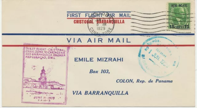 PANAMA CANAL ZONE 1929 very rare First Flight F.A.M. 5 CRISTOBAL - BARRANQUILLA