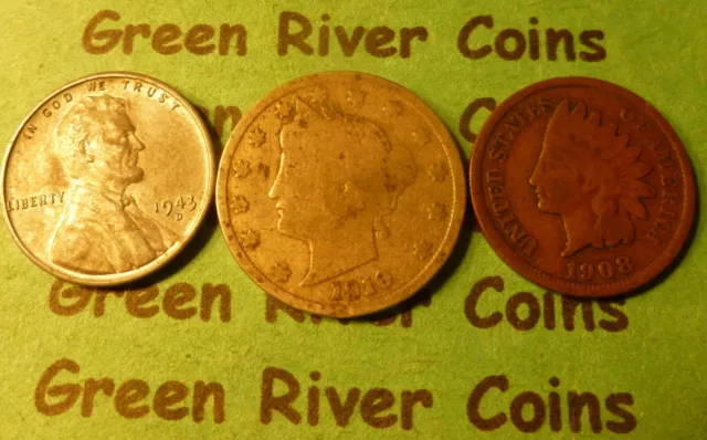 Liberty V Nickel, Indian Head Penny & 1943 Steel Wheat Cent (3 coin) Lot #M11