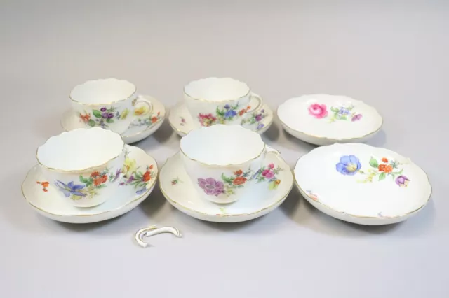 4x Kaffeetasse mit 6x UT Porzellan Blumenmalerei Meissen 1.Wahl (FR303)