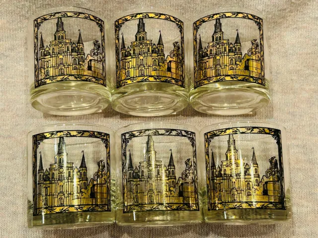 VTG Rocks Cocktail Glasses Barware Gold St. Louis Cathedral New Orleans Set of 6