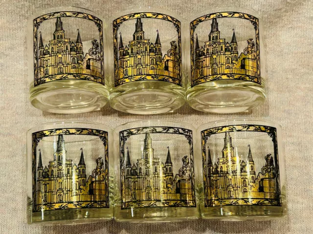 VTG Rocks Cocktail Glasses Barware Gold St. Louis Cathedral New Orleans Set of 6 VTG Rocks Cocktail Glasses Barware Gold St. Louis Cathedral New Orleans Set of 6