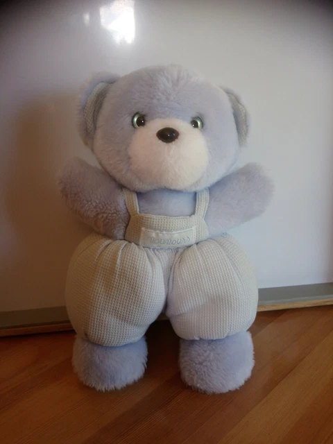 Peluche doudou ours bleu blanc salopette bleu grelot Nounours vintage  + cadeau