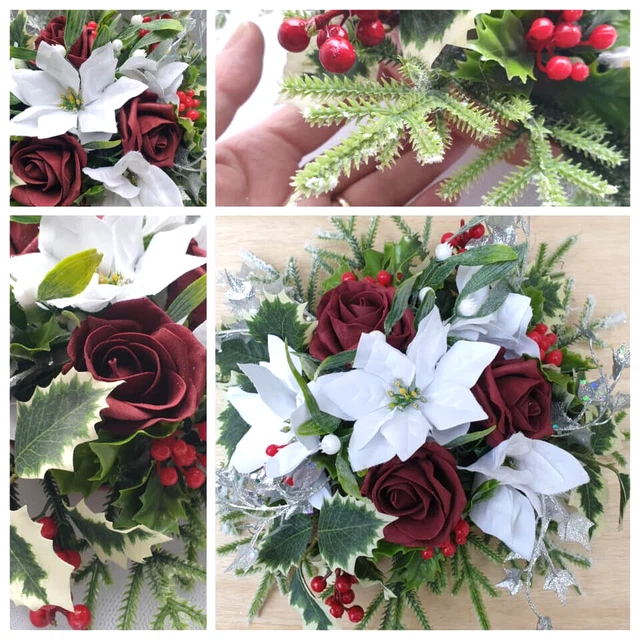 Christmas Grave Memorial Pot Arrangement Poinsettia Roses Holly & Mistletoe Posy