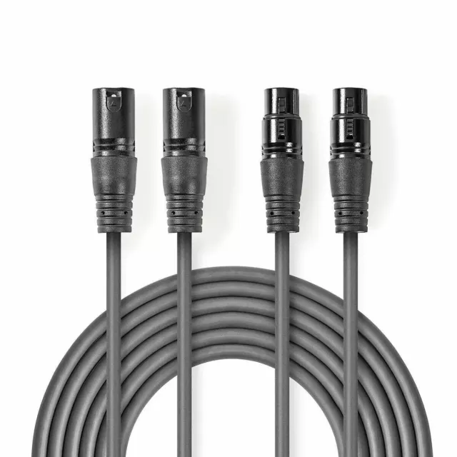 Nedis Twin 2x XLR MALE TO 2x XLR FEMALE Stereo Lead Mic Microphone Cable 1.5m