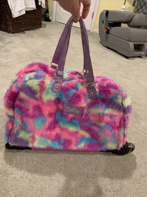 Justice Girls Fuzzy Rainbow Rolling Carry On Travel Bag Luggage Light Up Wheels