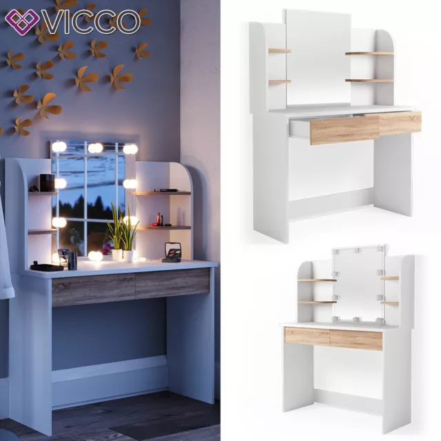 Vicco Table de maquillage Charlotte commode de coiffeuse miroir LED blanc/sonoma