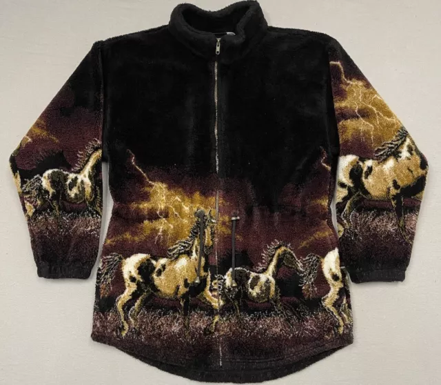 VTG Mazmania Horses Lightning Fleece Jacket Made in USA Mens Med Gold Black Red