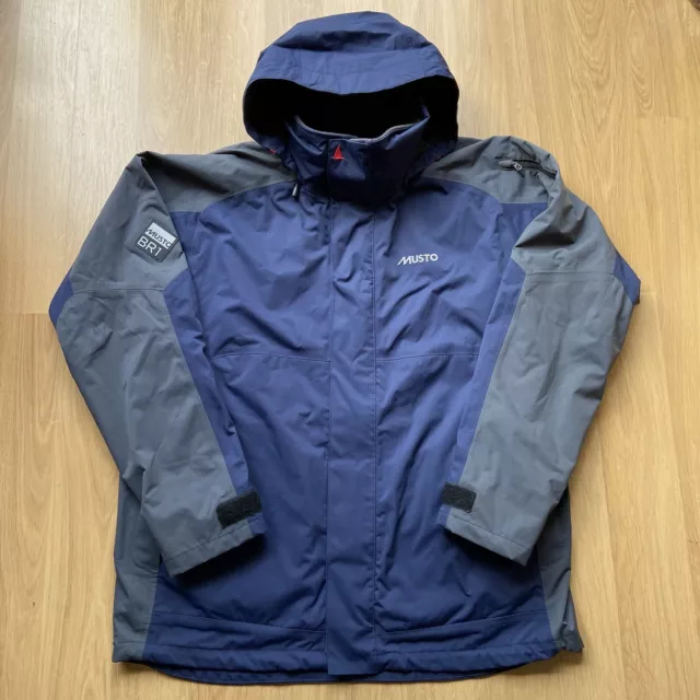 MUSTO BR1 Giacca a vela da uomo con cappuccio taglia large blu grigio impermeabile cerniera yacht