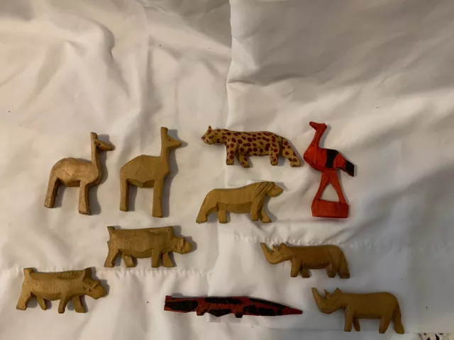 Vintage Hand Carved Wooden African Safari Animals Lot of 10 Some Painted