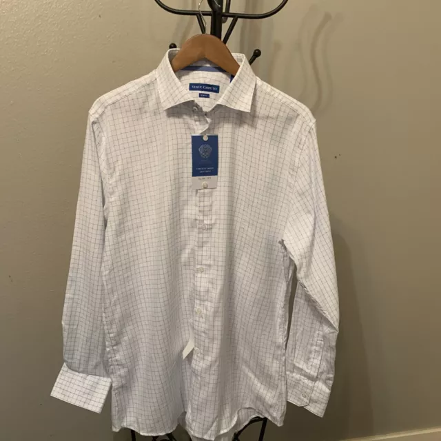 Neuf avec étiquettes chemise boutonnée Vince Camuto 17 34/35 blanche à carreaux bleus 89$ 2