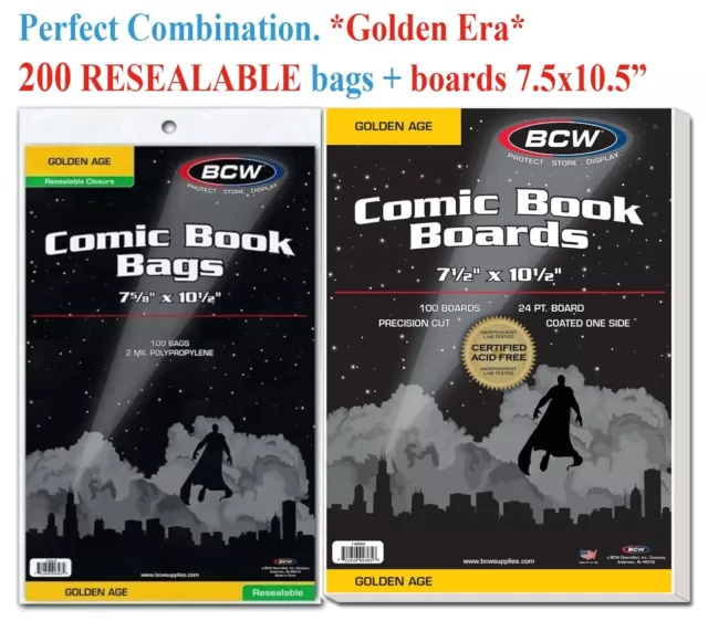 200 BCW Golden Age RESEALABLE Comic Bags Protection Holders Sleeve + Back Boards