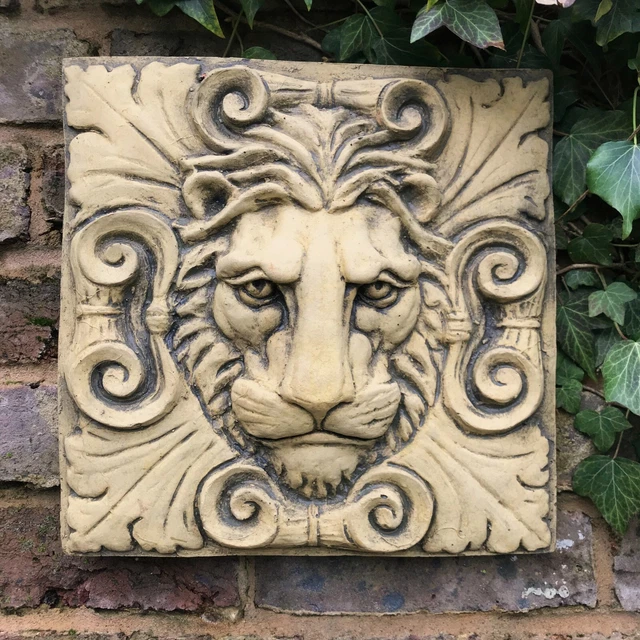ROMAN LION HEAD Classical wall plaque stone garden ornament square