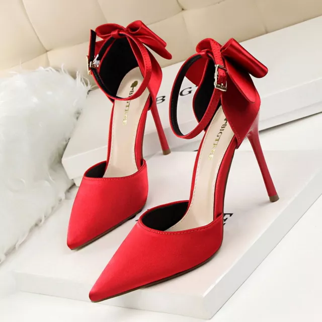 Womens High Heels Pointed Dress Shoes Sweet Evening Bow Ankle Strap Sandals New