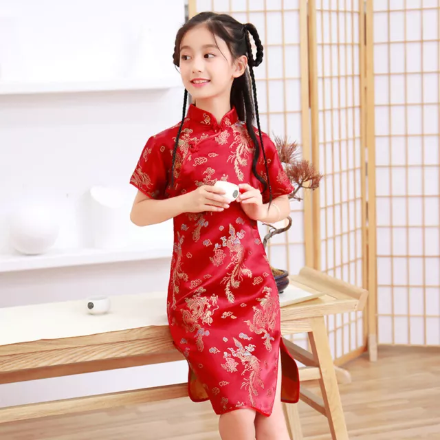 Abito Cheongsam cinese rosso bambini ragazze draghi d'oro asiatici raso Qipao